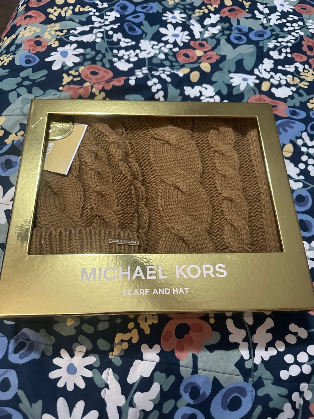 Michael Kors Cable Knit Scarf and Hat Set - Camel Brown